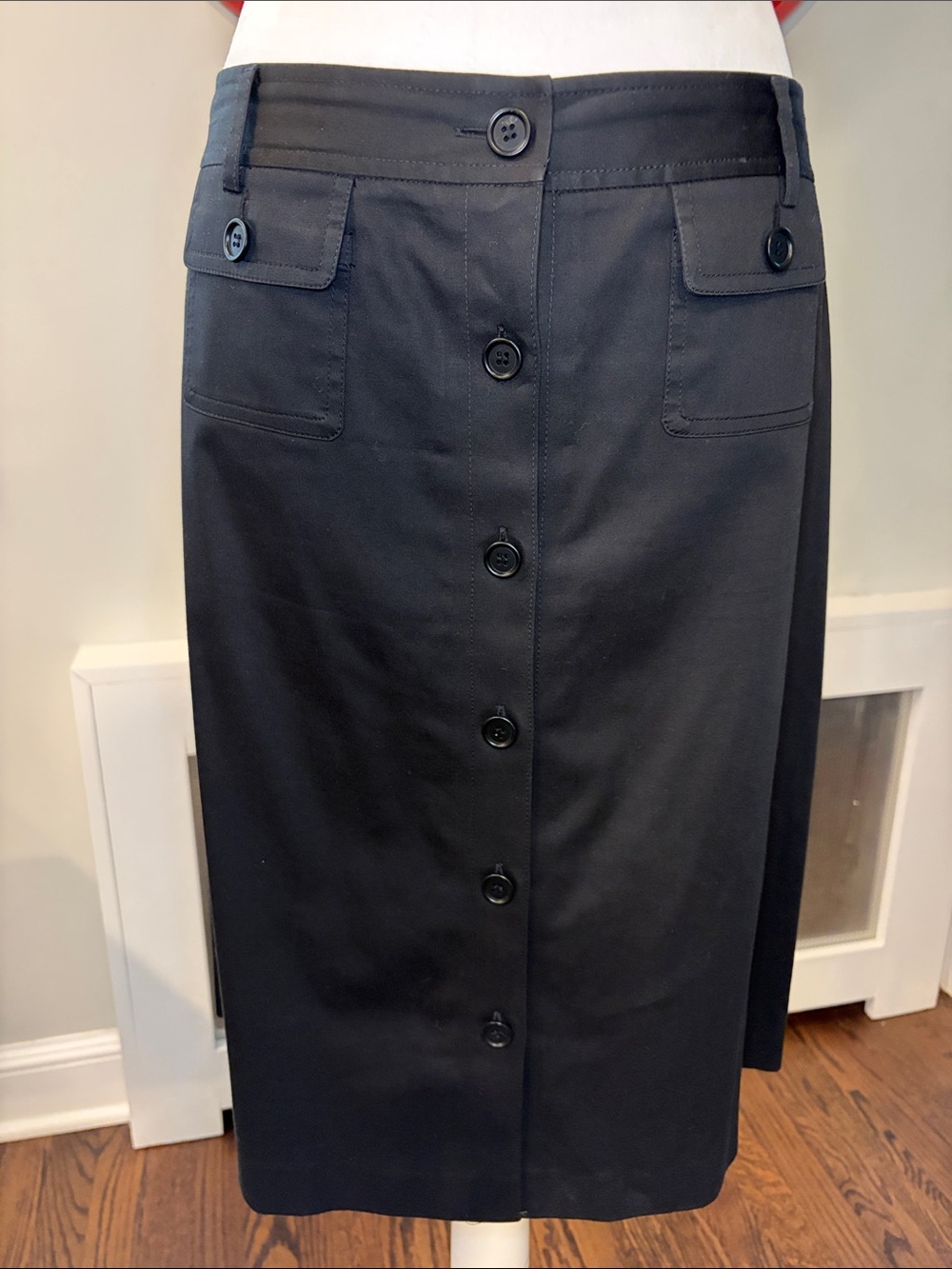 Theory Vintage Y2K Black Cotton Button-Front Midi Skirt, size 10
